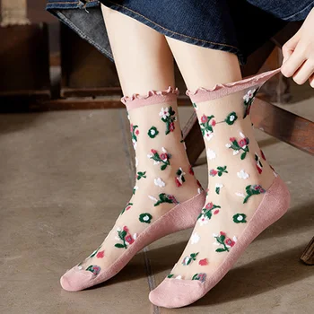 1 Пара дышащих ультратонких носков, летние женские Прозрачные Кружевные Шелковые Эластичные короткие носки с кристаллами для девочек в цветочек, женские носки