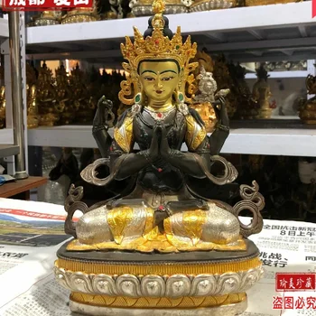 12 дюймов/30 см из натуральной бронзы с позолотой Chenrezig Guanyin 4 Статуи Гуаньинь с оружием в руках