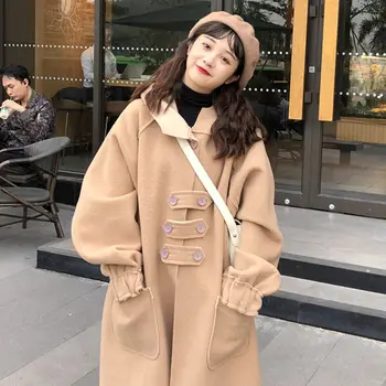 2021 Новое женское длинное шерстяное пальто в стиле пэчворк, милая длинная шерстяная куртка с капюшоном, шикарная стильная куртка Зима-осень