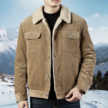 2023, Европейский повседневный стиль, Мужская зимняя флисовая теплая куртка цвета Хаки, Молодежная мужская вельветовая ткань, черные утепленные пальто