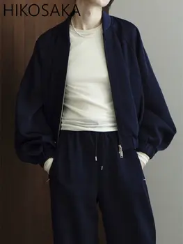 2023 Осенняя новая японская повседневная куртка Женская со стоячим воротником на молнии, пальто с длинным рукавом, Элегантная универсальная однотонная верхняя одежда для женщин