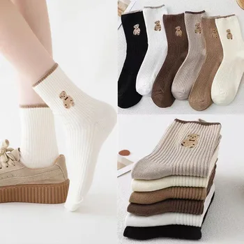 3 пары женских милых корейских носков средней длины в корейском стиле, весенне-осенние летние бархатные носки, осенне-зимние хлопчатобумажные носки с плюшевым мишкой