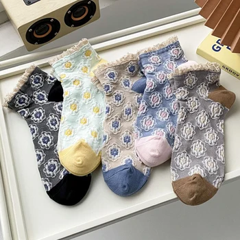 5 Пар женских носков из чистого хлопка с цветочным принтом, Комплект Коротких Весенних Милых Кружевных Носков, Креативная мода, Новые женские носки Harajuku Vintage