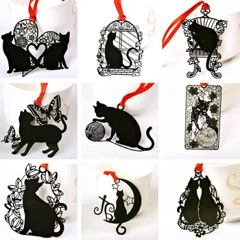 9 комплектов железных закладок с черным котом, милые и креативные 9 рисунков, фигурки кошек, миниатюры с открыткой и конвертом, украшение для вечеринки