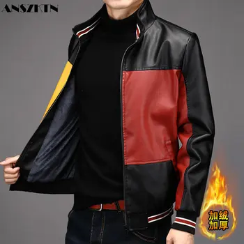 ANSZKTN Зимняя мода, сшитая из флиса и толстой теплой куртки, мотоциклетная мужская кожаная куртка