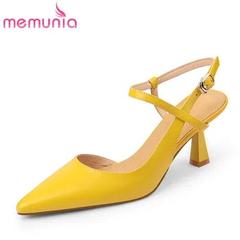 MEMUNIA 2022, Новые уникальные однотонные сандалии, женские летние модельные туфли с ремешком спереди и сзади на высоком каблуке, обувь из натуральной кожи