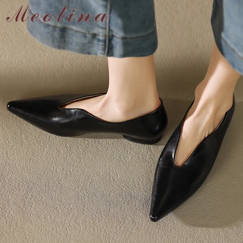 Meotina, Женские туфли-перчатки из натуральной кожи с острым носком на плоской подошве, женская модная повседневная обувь Осень-весна, Черный, Серый, 40
