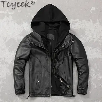 Tcyeek 100% Куртка Из Натуральной Кожи С Капюшоном, Черные Кожаные Куртки для Мужчин, Весеннее Пальто из Воловьей Кожи, Мужская Chaqueta Cuero Hombre