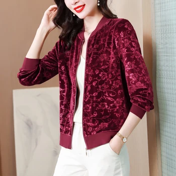 TingYiLi Осенне-зимняя женская жаккардовая бархатная куртка в корейском стиле, элегантное женское винтажное красное короткое пальто на молнии, повседневная верхняя одежда