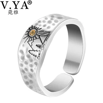 V.YA Винтажное Открытое кольцо из стерлингового серебра 925 пробы, кольцо с закатом в горном лесу, Кольцо для женщин, мужчин, ювелирный подарок с драгоценным камнем Sun