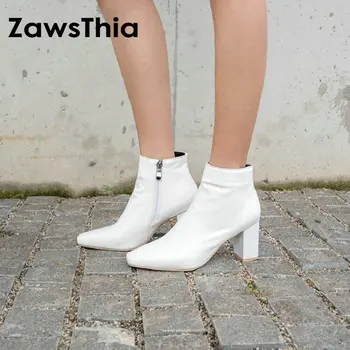 ZawsThia / 2022, зима-осень, новая белая черная женская обувь, пинетки на высоком блочном каблуке, классические женские ботильоны на шпильке, большой размер 46