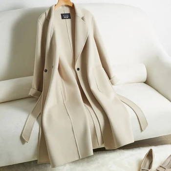 Бежевое Белое двустороннее кашемировое пальто, женское осенне-зимнее тонкое шерстяное пальто с длинной талией