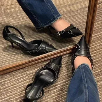 Босоножки на каблуке с мелким носком Комфортная женская обувь большого размера, черные туфли на шнуровке для девочек 2023 года, Прозрачные заостренные шпильки на высоком каблуке