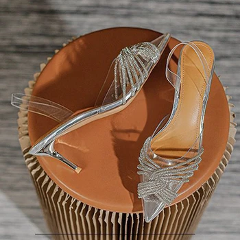 Брендовые женские босоножки на высоком каблуке, хрустальные стразы, свадебная обувь для невесты, Пикантные женские туфли-лодочки на прозрачном каблуке с острым носком, Zapatos Mujer