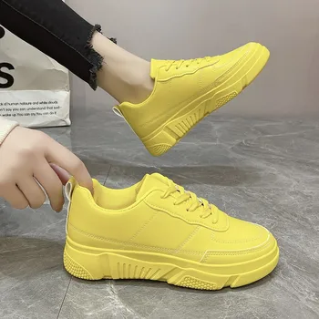 Весенние ярко-желтые кожаные кроссовки на шнуровке, Спортивная повседневная обувь на плоской подошве, женская мода 2023 года, Женская обувь для прогулок на открытом воздухе