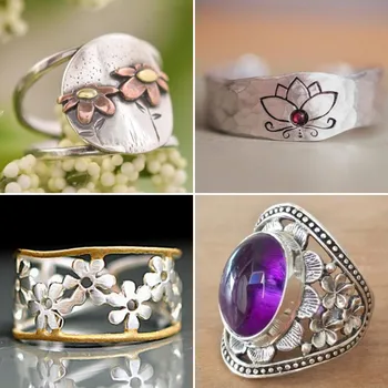 Винтажное металлическое кольцо с цветочным вырезом ручной работы, инкрустированное аметистом, женское праздничное кольцо