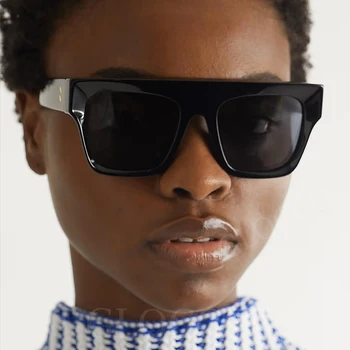 Винтажные черные квадратные солнцезащитные очки Женские мужские Люксовый бренд Солнцезащитные очки с плоским верхом Женские Солнцезащитные очки с заклепками Oculos De Sol