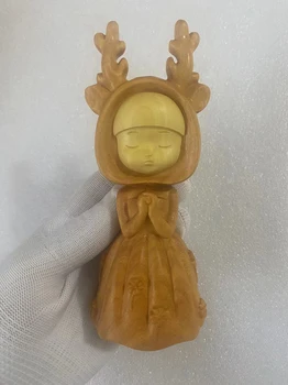 Деревянная статуэтка мультяшного персонажа с милой головой оленя, ручная резьба по дереву, украшение для дома, художественное произведение 15 см