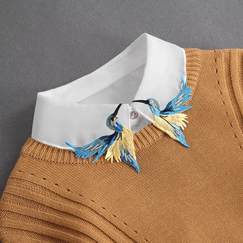 Женская рубашка с вышивкой в виде птиц, искусственный воротник, съемный белый свитер, ложный воротник, рубашка с лацканами, блузка, съемные воротники