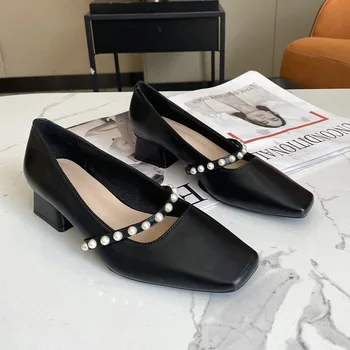 Женские вечерние туфли во французском стиле на среднем высоком каблуке, кожаные туфли с нежным ремешком из ракушек и бисера, модельные туфли Мэри Джейнс