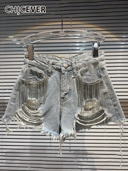 Женские джинсовые шорты с дырками CHICEVER, высокая талия, лоскутное шитье, бриллианты, кисточка, повседневная свободная уличная одежда, короткие женские брюки