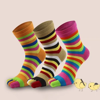 Женские модные красочные носки с пятью пальцами, осенне-зимние Модные полосатые носки с разделенными пальцами, хлопковые носки средней длины