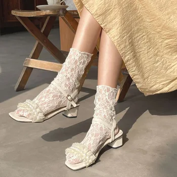 Женские носки в стиле ретро, кружевные, с цветочным рисунком, сетчатые, в стиле 