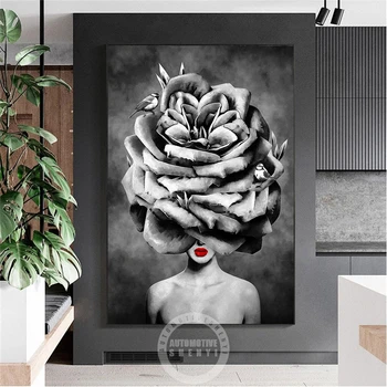 Женщина с цветочной головкой, красные губы, настенные художественные плакаты, абстрактные принты, картина на холсте, черно-белое художественное изображение, украшение для дома в спальне