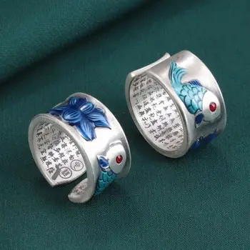 Кольцо для карпа серебристого цвета FoYuan, кольцо из лотосовой парчи, винтажный эпоксидный бутик для мужчин и женщин с широким лицевым покрытием