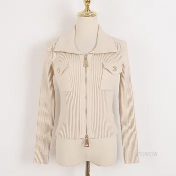 Короткая куртка на молнии с лацканами, женское абрикосовое вязаное пальто 2023, отложной воротник, Кардиган с двумя карманами, белый свитер, пальто, жакет, топы