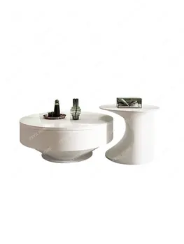Кофейный столик в кремовом стиле, комбинация тумб для телевизора, круглая плита из ярко-белого камня, Современный минимализм в быту