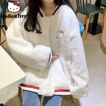 Куртка Hello Kitty Kawaii для женщин 2023 Весеннее пальто для девочек Sanrio Модные плюшевые бейсбольные куртки с вышивкой Одежда в стиле харадзюку