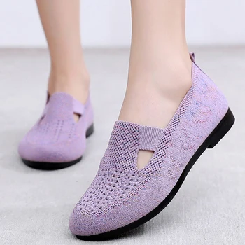 Летняя женская обувь, обувь на плоской подошве с мягкой подошвой, нескользящая вязаная обувь, сетчатые дышащие женские кроссовки, легкая обувь для ходьбы