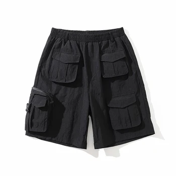 Множество карманов, Однотонные Летние мужские шорты с эластичной резинкой на талии, широкие черные повседневные брюки в стиле ретро, хай-стрит, пятиточечные брюки