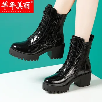 Модные ботинки из натуральной кожи, женская обувь, женские ботильоны, Зимние черные ботинки, удобные Zapatillas Mujer на толстом высоком каблуке 43