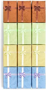 Набор подарочных коробок для ювелирных изделий с крышками и бантиками из лент (2 x 3 x 1 дюйм, 4 цвета, 12 упаковок)