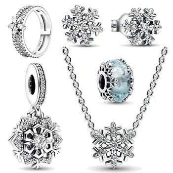Набор серии Snowflake из стерлингового серебра 925 пробы, изысканные блестящие серьги в виде снежинок, кольцо, ожерелье, очаровательные украшения, подарок своими руками для подруги
