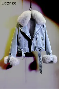 Новая зимняя одежда Джинсовые куртки со съемным меховым воротником и плюшевой подкладкой, женское короткое хлопчатобумажное пальто, повседневные теплые джинсовые пальто для дам