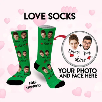 Новая индивидуальная пара Любит Плюс Ваше имя, хлопковые носки с 3D-принтом, Модные носки на заказ, Носки на заказ, Праздничный подарок на годовщину