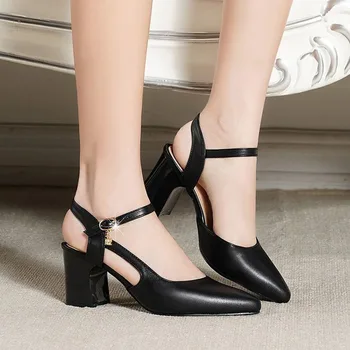 Новое поступление, женские босоножки на массивном каблуке с острым носком, летняя офисная женская обувь для работы, черные, белые туфли-лодочки, Sandalias WSH4895