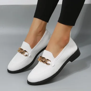 Новые женские вулканизированные слипоны с цепочкой, осенние женские туфли на плоской подошве с эластичной лентой, Сетчатая дышащая обувь для ходьбы, Женские кроссовки