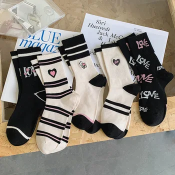 Новые женские носки с вышивкой Медведя в черную полоску, Дышащие Спортивные хлопчатобумажные Носки для дам и девочек, Корейские кальцетины