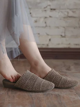 Новые оригинальные женские тапочки из натуральной кожи, плетеные уличные тапочки, Летние Роскошные сандалии ручной работы на плоской подошве, уличные горки