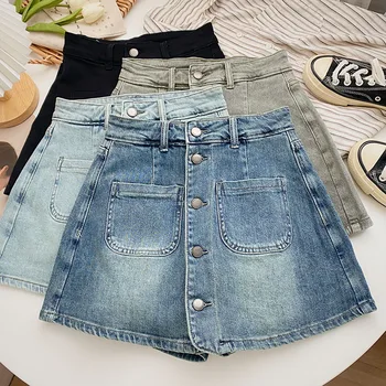 Однобортная юбка-трапеция с высокой талией, женские летние брюки 2023, Новые Корейские узкие короткие джинсы, Модные универсальные широкие брюки
