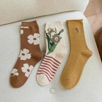 Осень-зима, Милые дышащие Носки с вышивкой, Модные Универсальные хлопчатобумажные носки в стиле ретро, Женские носки Harajuku Kawaii