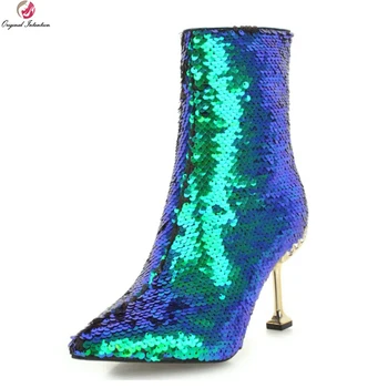 Первоначальное намерение/ модные женские ботинки с блестящими побрякушками, ботинки на металлическом каблуке с острым носком, 4 цвета, женская обувь, размер США 3-10,5