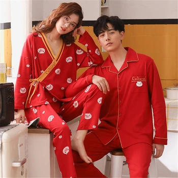 пижамы 2020 осенняя свадебная пара пижамы хлопчатобумажное красное кимоно праздничная пижама кардиган домашняя одежда пижамы женские ночные рубашки