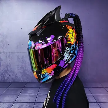 Полнолицевой шлем мотоциклетный шлем защитный гоночный шлем с двойными линзами Индивидуальность шлем с косами и рогами