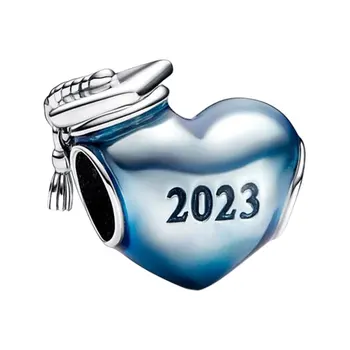 Прозрачные бусины-подвески с округлыми сердечками из голубой эмали, бусины для женщин, ювелирные украшения из стерлингового серебра 925 пробы, Выпускная кепка с кисточкой, 2023 г.