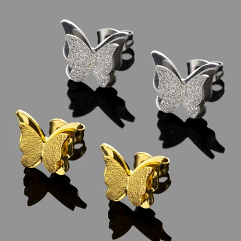Простые Сказочные стерео серьги-гвоздики с двойной бабочкой для женщин цвета: золотистый, серебристый, модные металлические украшения для ушей насекомых